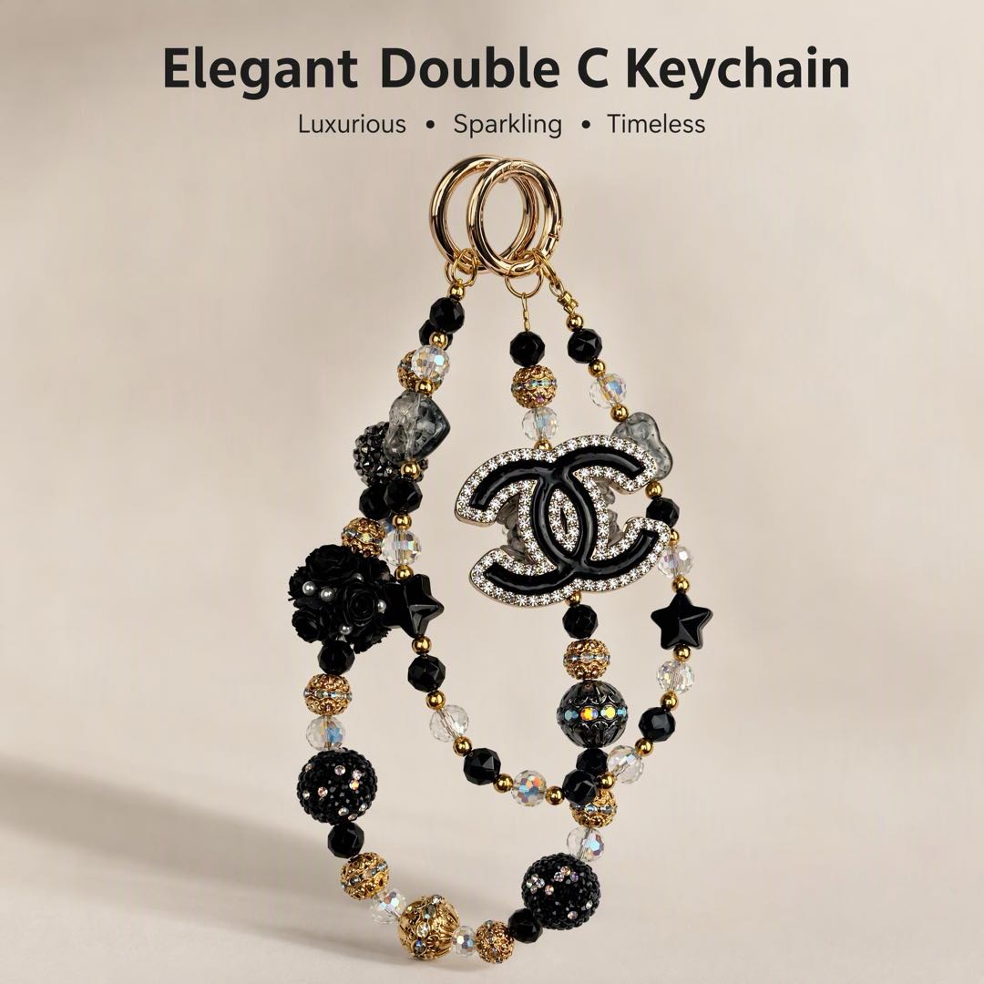 #1  Double C Rhinestone Beaded Double Loop Bag Charm Keychain, Black Gold Tone