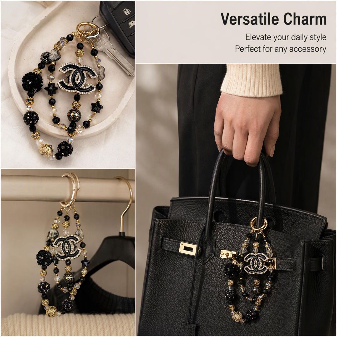 #1  Double C Rhinestone Beaded Double Loop Bag Charm Keychain, Black Gold Tone