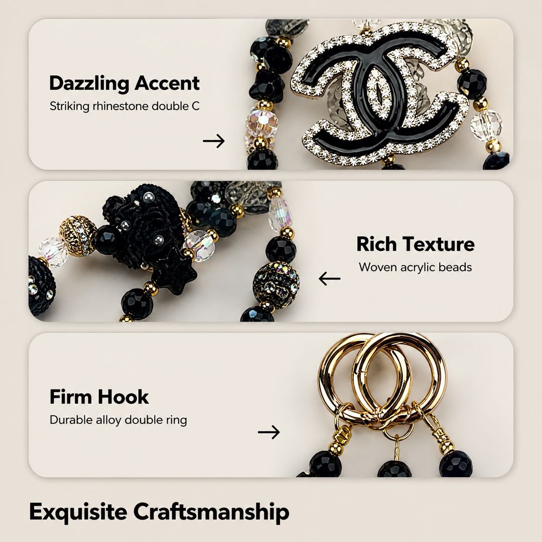 #1  Double C Rhinestone Beaded Double Loop Bag Charm Keychain, Black Gold Tone