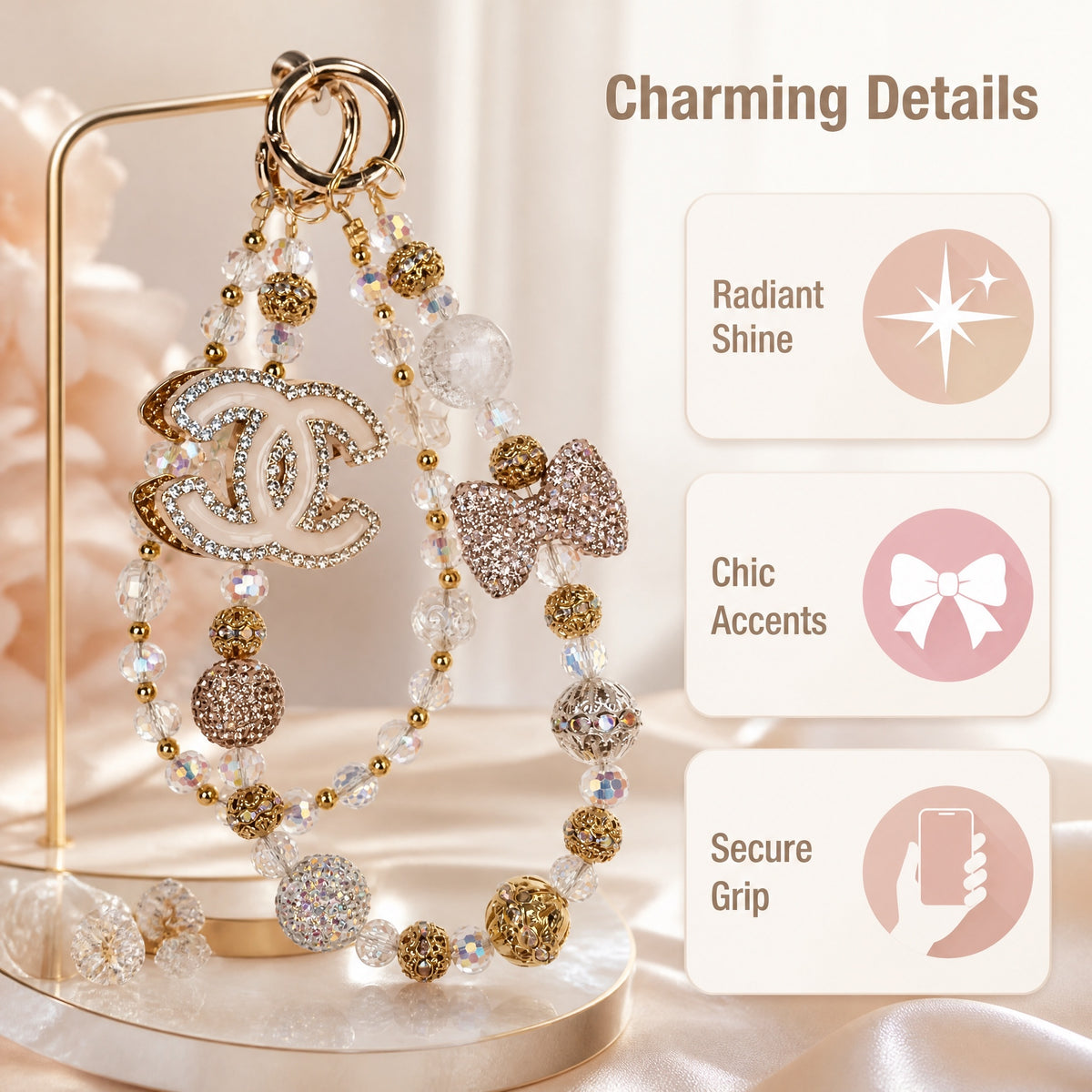 #2  Crystal Rhinestone Double C Beaded Phone Wrist Lanyard, Cute Bow Handmade Wrist Strap