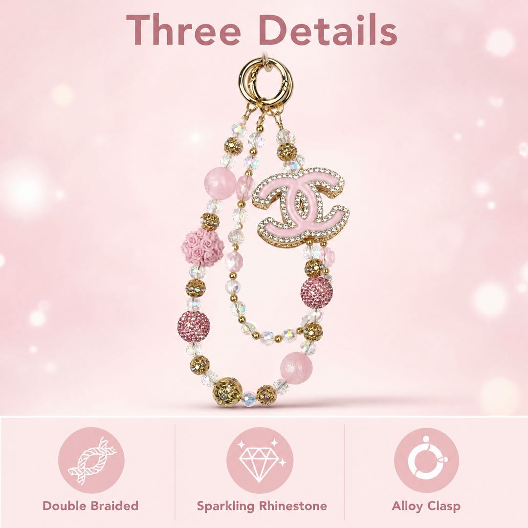 #3  Pink Crystal Double C Logo Beaded Charm Strap, Multi-use for Phone, Bag and Key