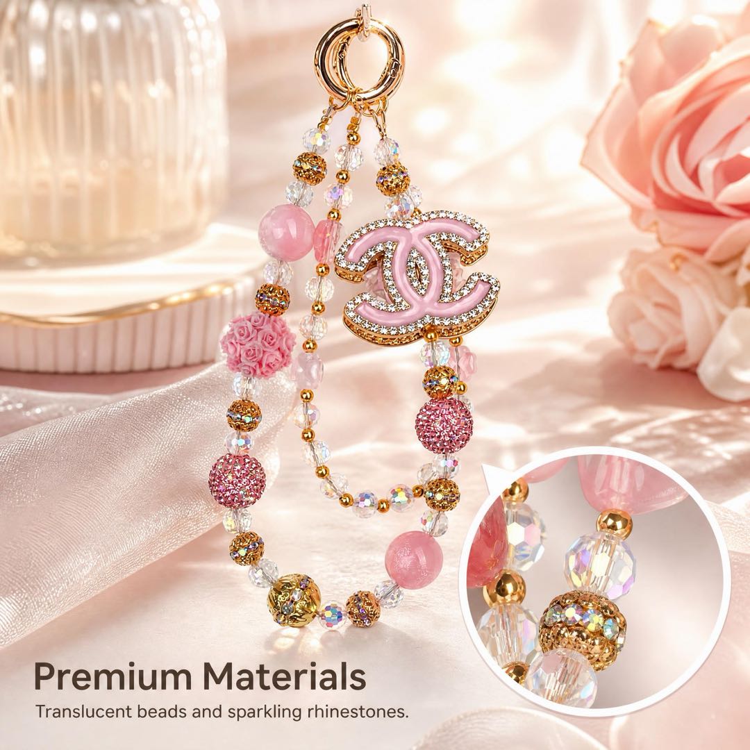 #3  Pink Crystal Double C Logo Beaded Charm Strap, Multi-use for Phone, Bag and Key
