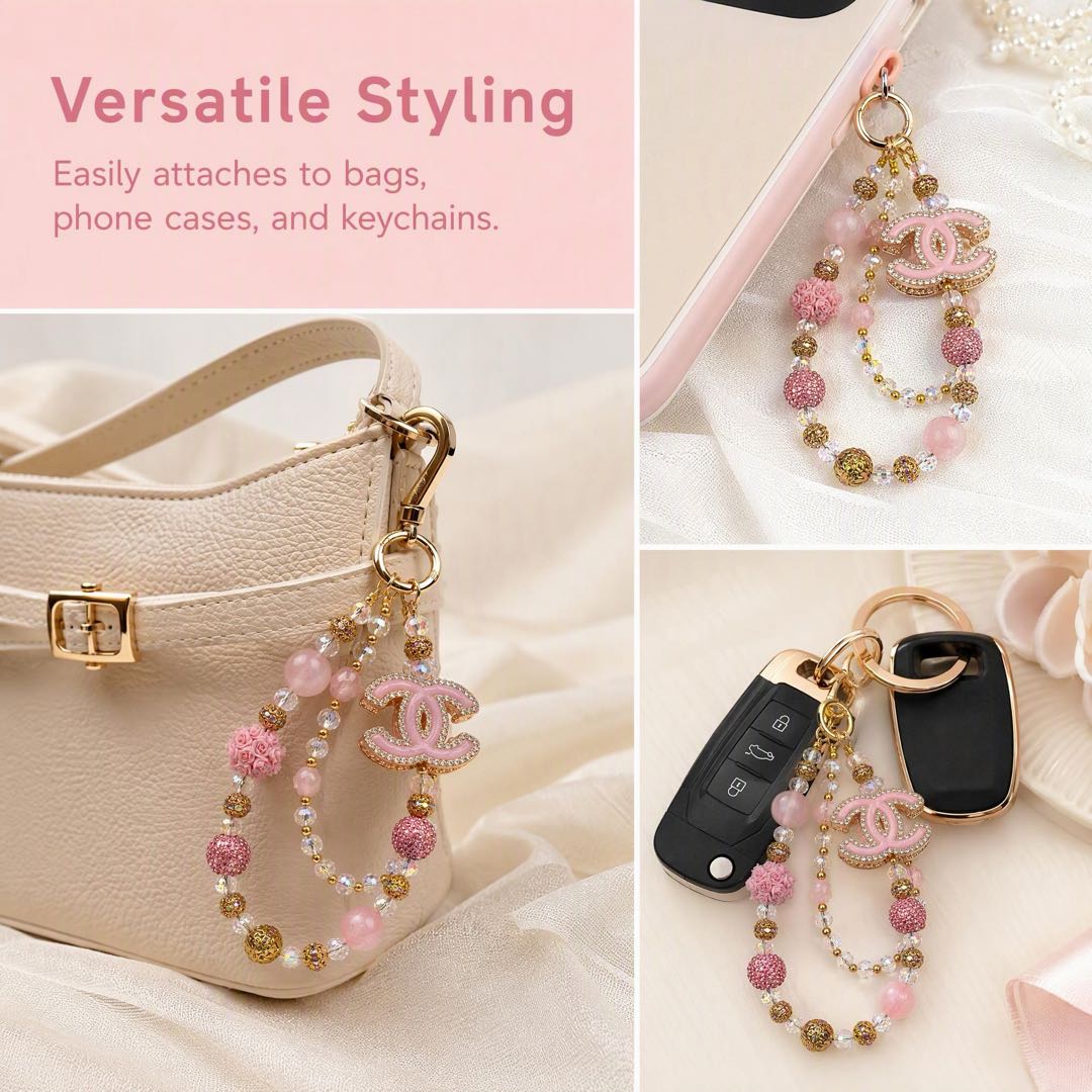 #3  Pink Crystal Double C Logo Beaded Charm Strap, Multi-use for Phone, Bag and Key