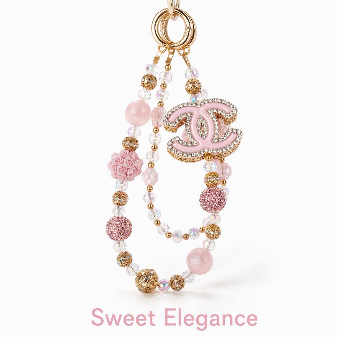 #3  Pink Crystal Double C Logo Beaded Charm Strap, Multi-use for Phone, Bag and Key