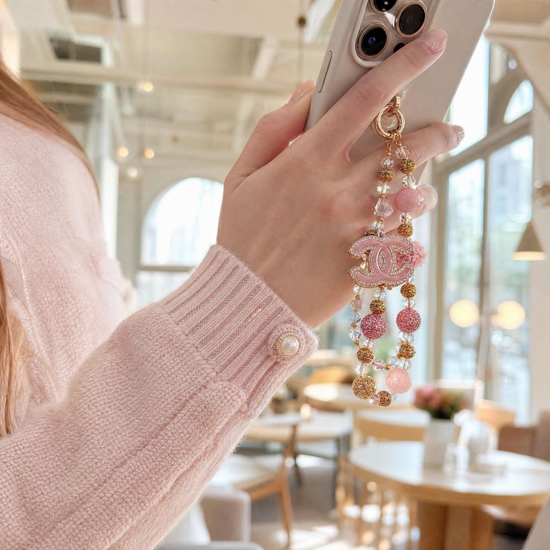 #3  Pink Crystal Double C Logo Beaded Charm Strap, Multi-use for Phone, Bag and Key