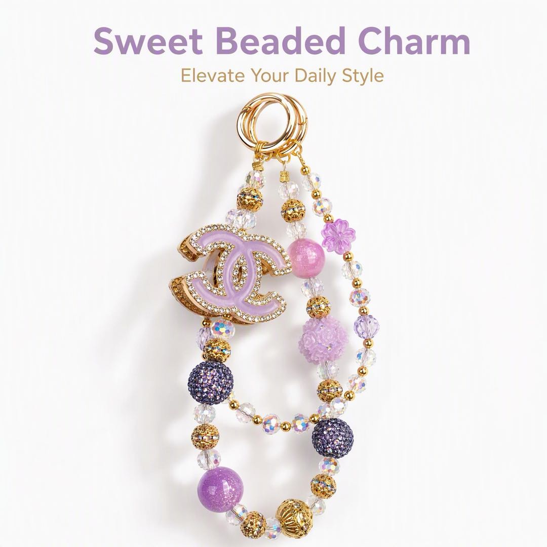 #4  Purple Tone Rhinestone CC Logo Beaded Phone Wrist Lanyard