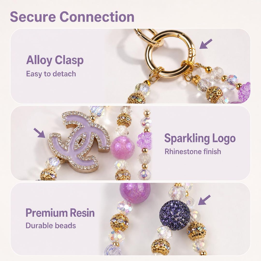 #4  Purple Tone Rhinestone CC Logo Beaded Phone Wrist Lanyard