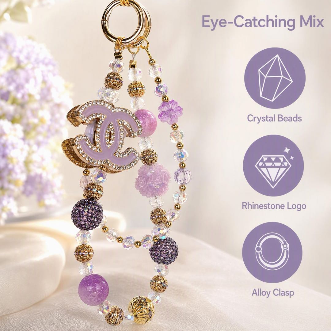 #4  Purple Tone Rhinestone CC Logo Beaded Phone Wrist Lanyard