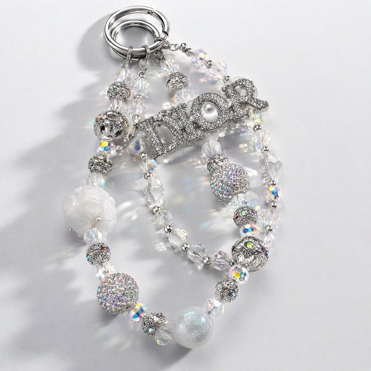 #5  Full Rhinestone Dior Logo Crystal Beaded Phone Chain, Silver Iridescent