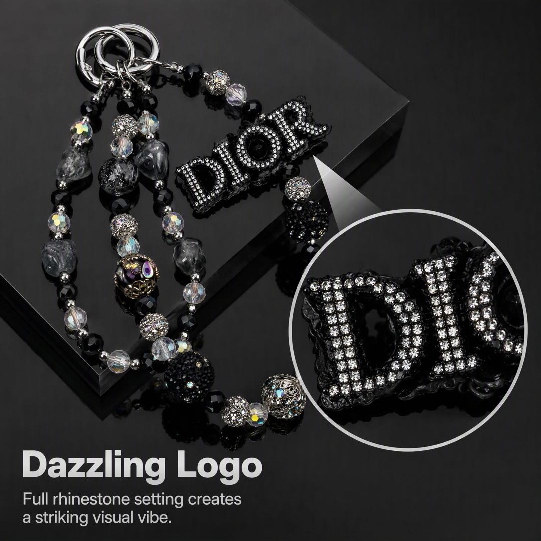 #6  DIOR Black Silver Rhinestone Beaded Double Chain Hanging Charm