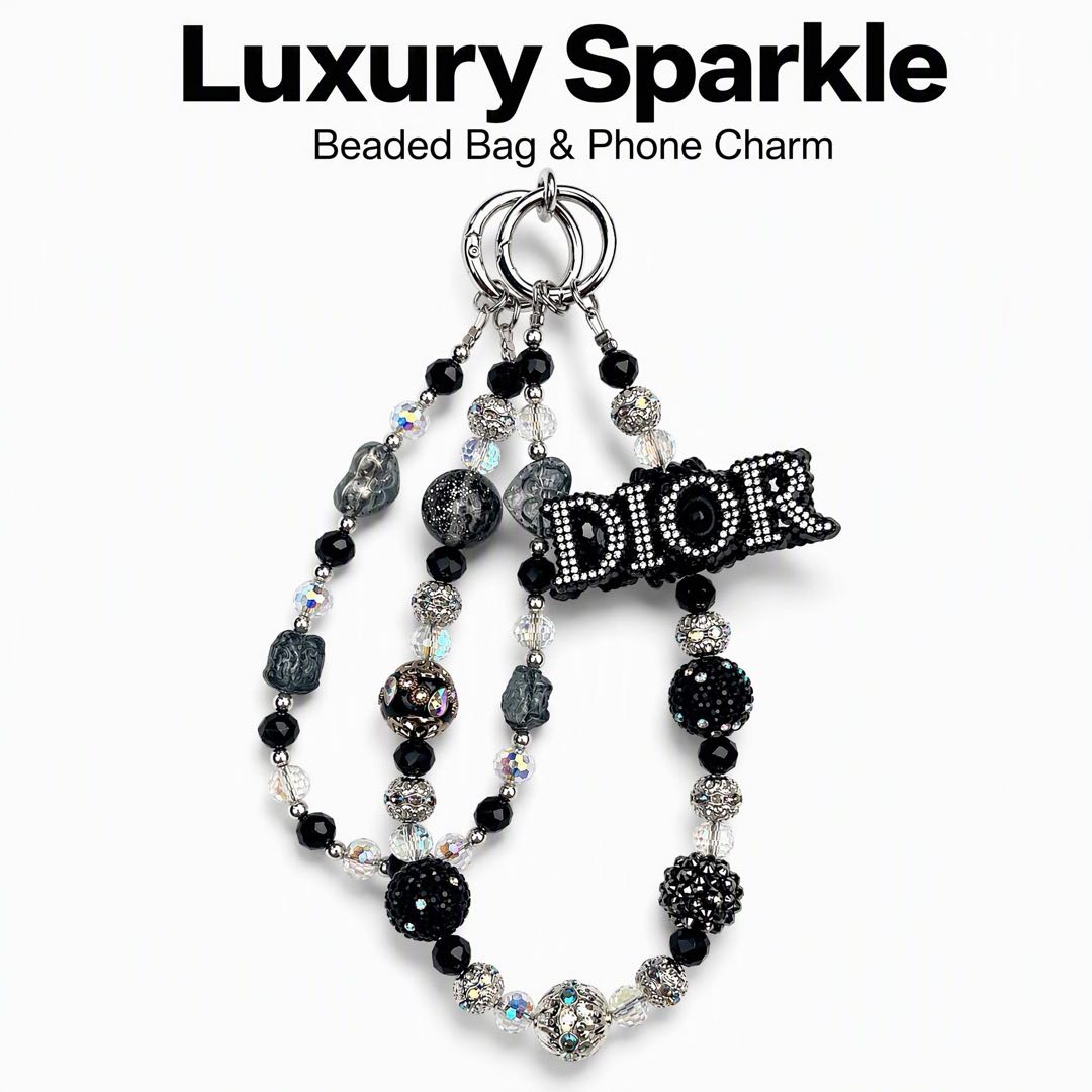 #6  DIOR Black Silver Rhinestone Beaded Double Chain Hanging Charm