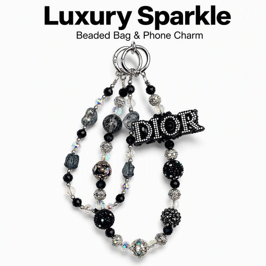 #6  DIOR Black Silver Rhinestone Beaded Double Chain Hanging Charm