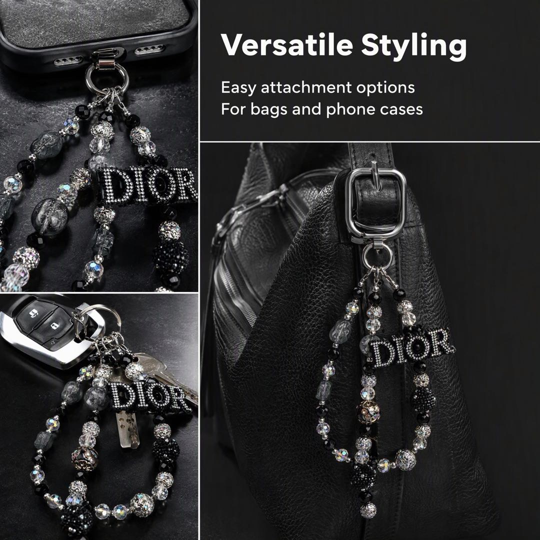 #6  DIOR Black Silver Rhinestone Beaded Double Chain Hanging Charm