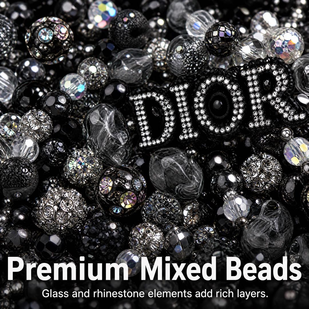 #6  DIOR Black Silver Rhinestone Beaded Double Chain Hanging Charm