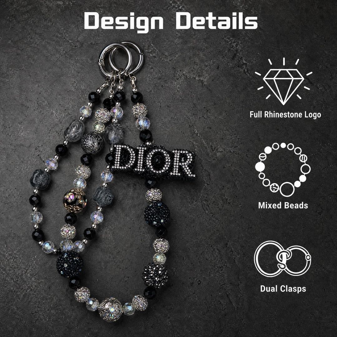#6  DIOR Black Silver Rhinestone Beaded Double Chain Hanging Charm