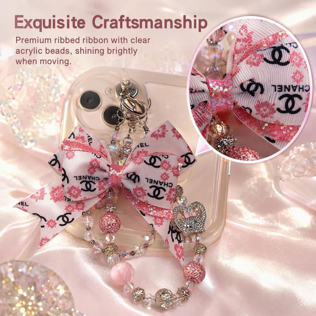 #7  Chic Printed Bow Beaded Keychain, Rhinestone Heart Decor Bag Accessory