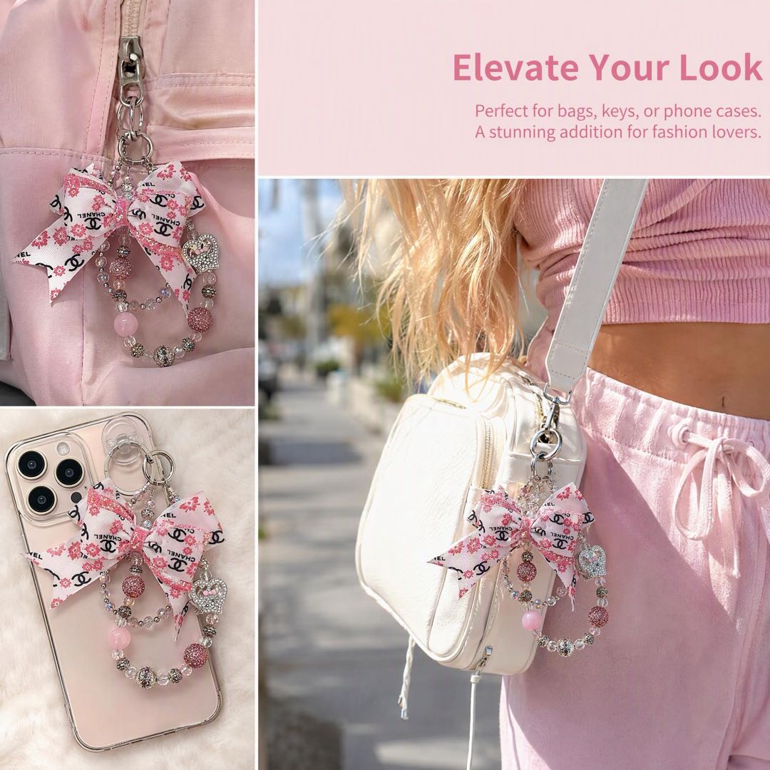 #7  Chic Printed Bow Beaded Keychain, Rhinestone Heart Decor Bag Accessory