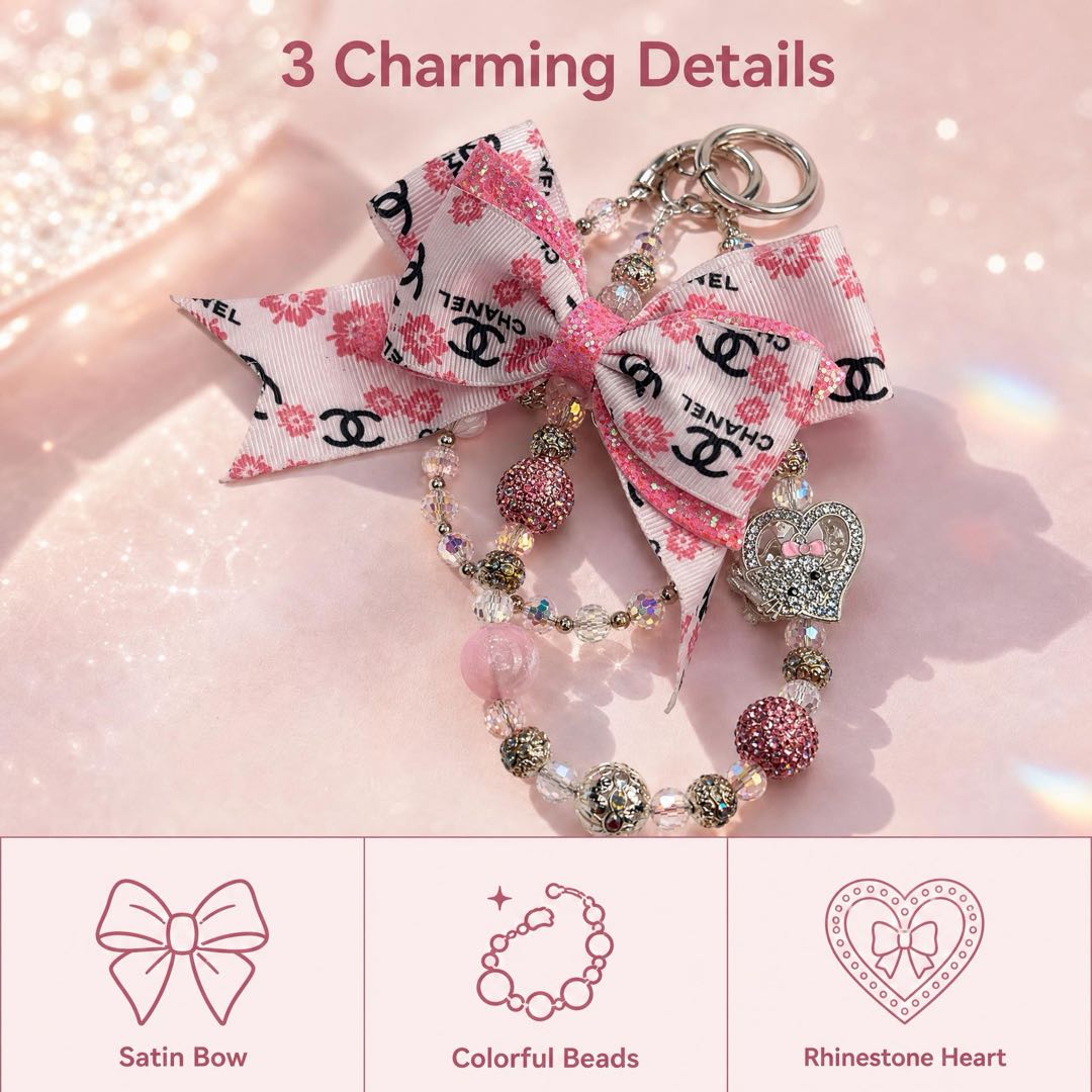#7  Chic Printed Bow Beaded Keychain, Rhinestone Heart Decor Bag Accessory