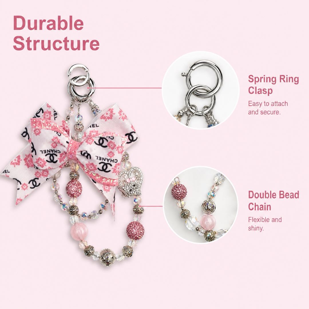 #7  Chic Printed Bow Beaded Keychain, Rhinestone Heart Decor Bag Accessory