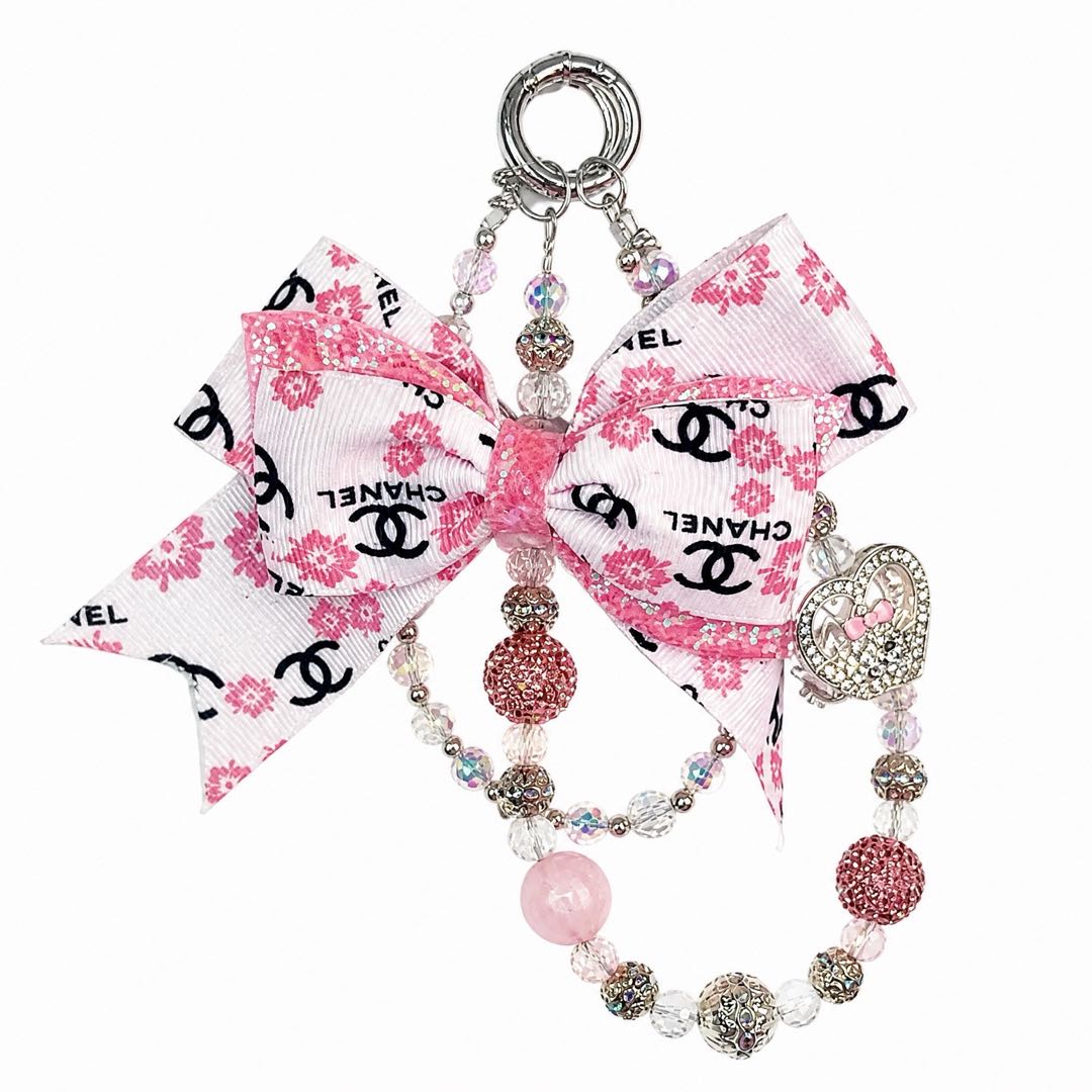 #7  Chic Printed Bow Beaded Keychain, Rhinestone Heart Decor Bag Accessory