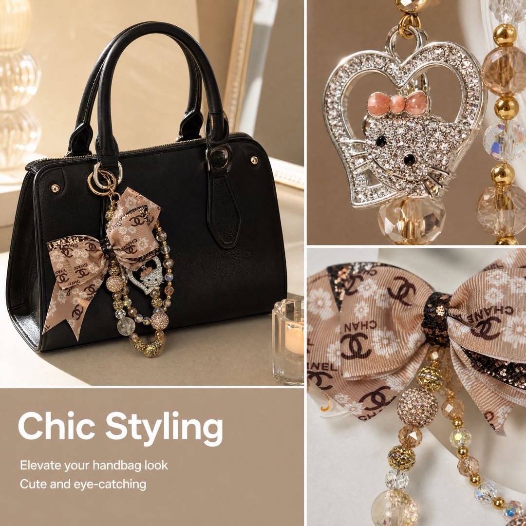 #8  Hello Kitty Rhinestone Beaded Charm, Elegant Bow Decor Bag & Keychain Accessory