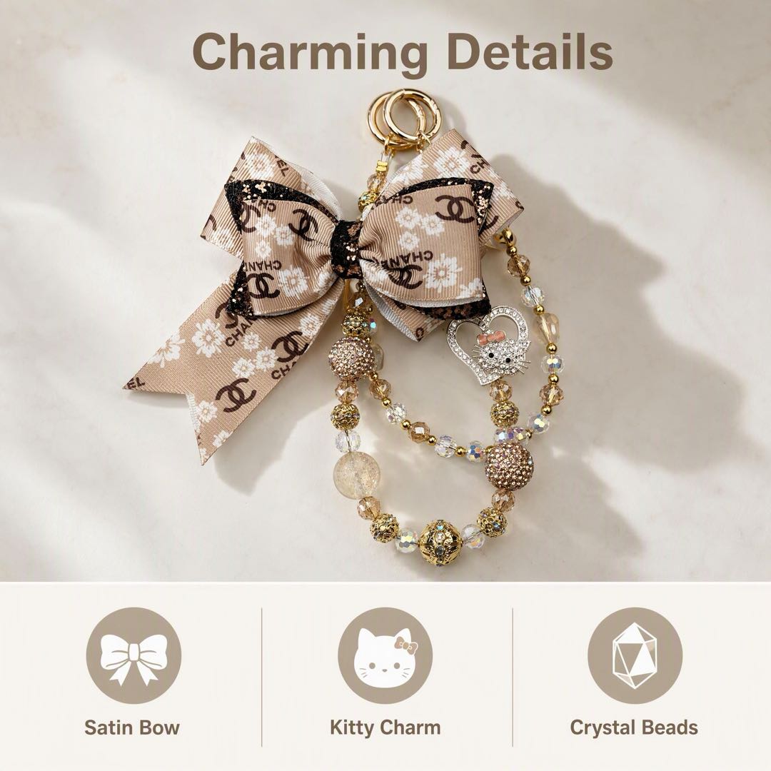 #8  Hello Kitty Rhinestone Beaded Charm, Elegant Bow Decor Bag & Keychain Accessory