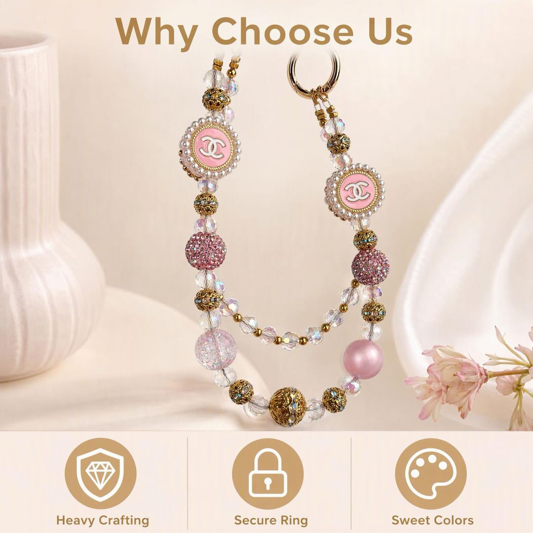 #9  Pink Gold Double C Beaded Phone Charm Wrist Strap