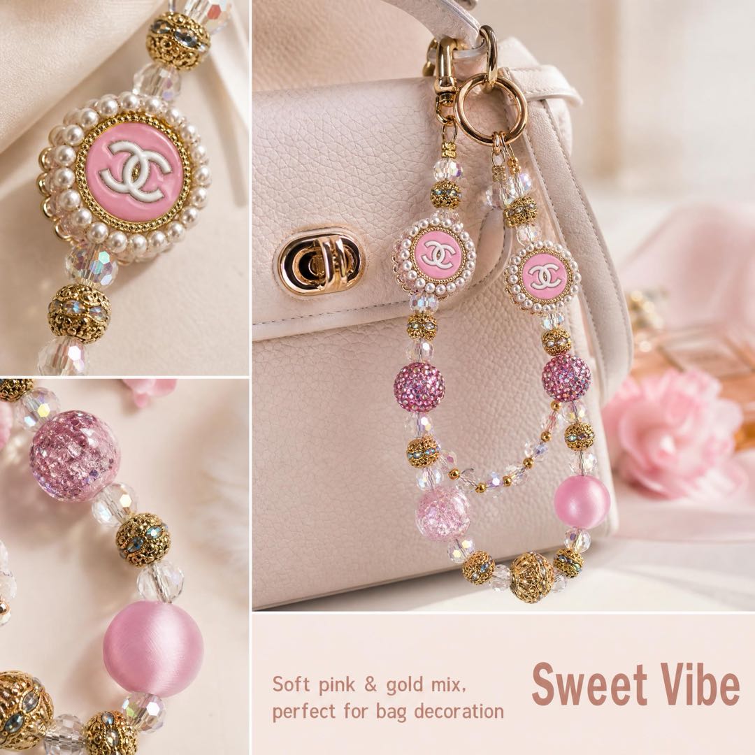 #9  Pink Gold Double C Beaded Phone Charm Wrist Strap