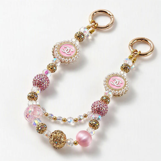 #9  Pink Gold Double C Beaded Phone Charm Wrist Strap