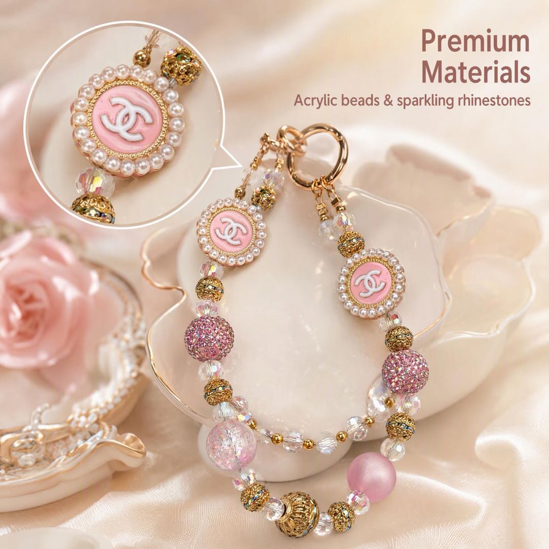 #9  Pink Gold Double C Beaded Phone Charm Wrist Strap