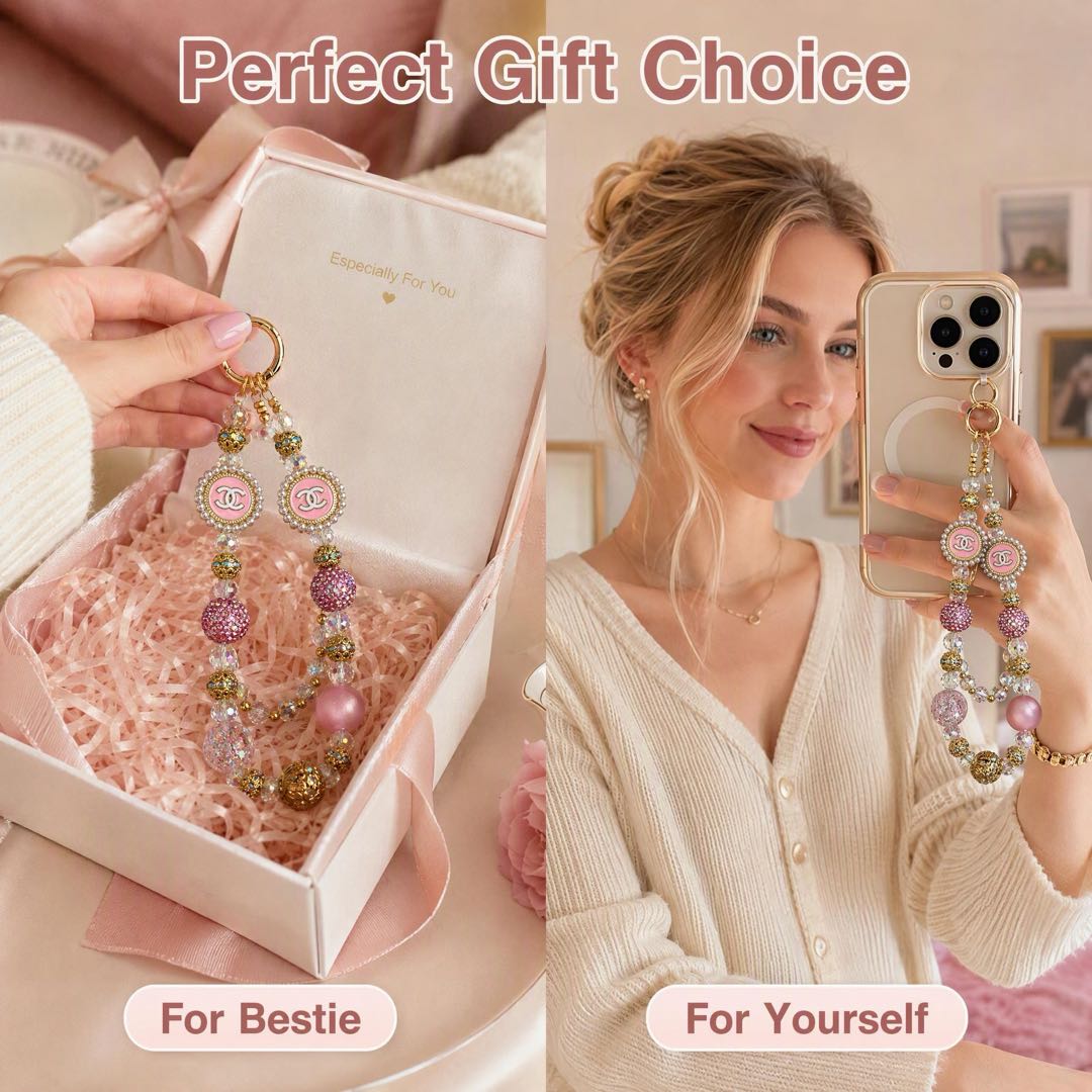 #9  Pink Gold Double C Beaded Phone Charm Wrist Strap