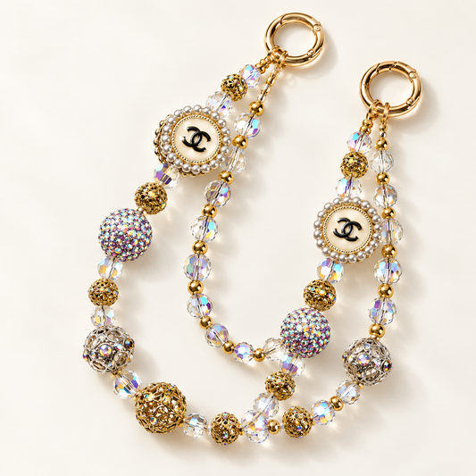 #10  Gold Crystal Beaded Phone Charm Wrist Strap, Pearl Accent Double C Decorative Pendant, Iridescent Glass Beads and Ornate Metal Beads for Phone, Handbag and Keys